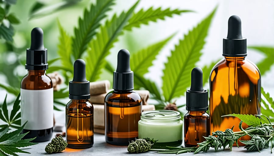 Diverse range of CBD beauty products displayed with natural elements