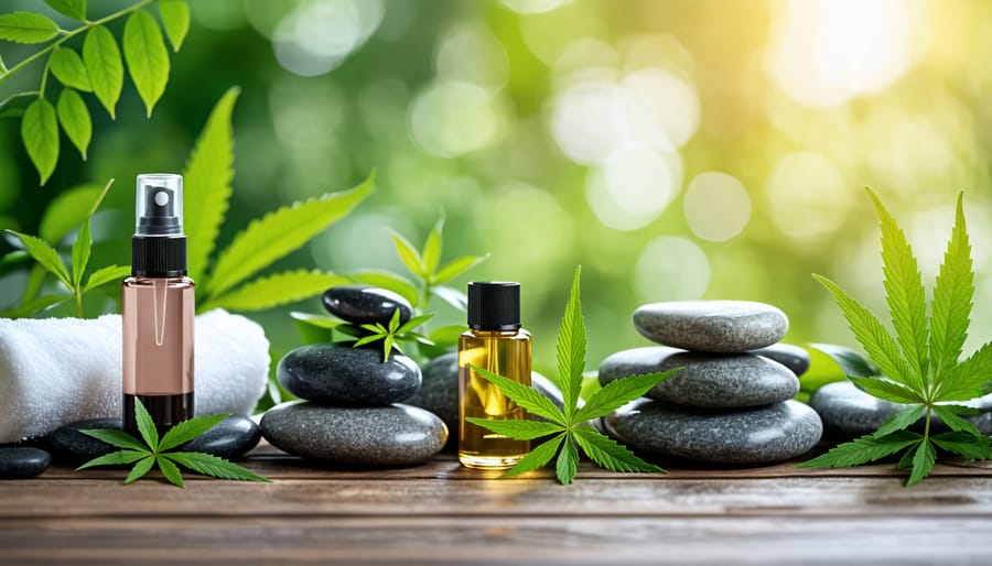 Professional spa setting showcasing assorted CBD-infused beauty products alongside natural elements, highlighting the therapeutic benefits of CBD skincare.