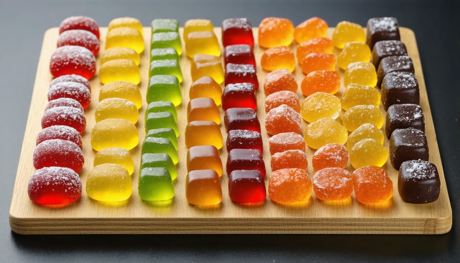 A variety of colorful freeze-dried candies lined up on a wooden board