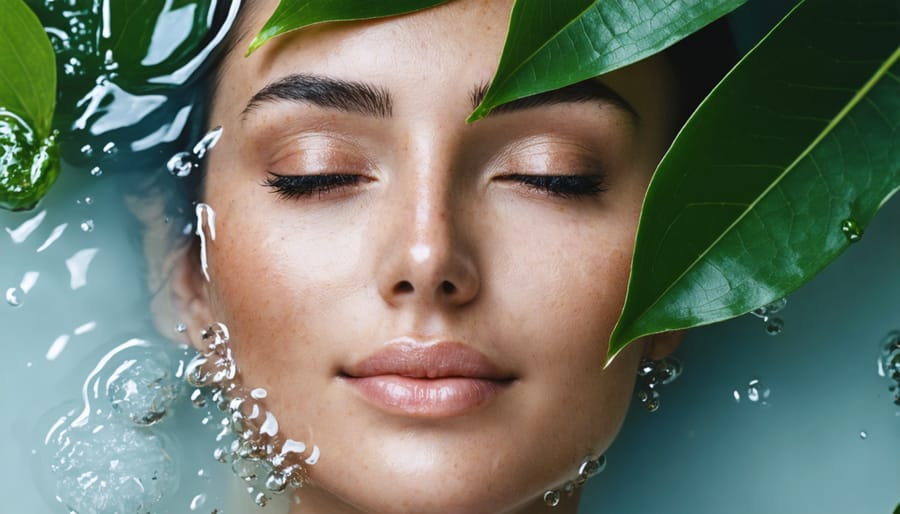 Close-up of a serene face with glowing skin surrounded by kratom leaves, symbolizing the integration of kratom in holistic beauty and wellness regimens.