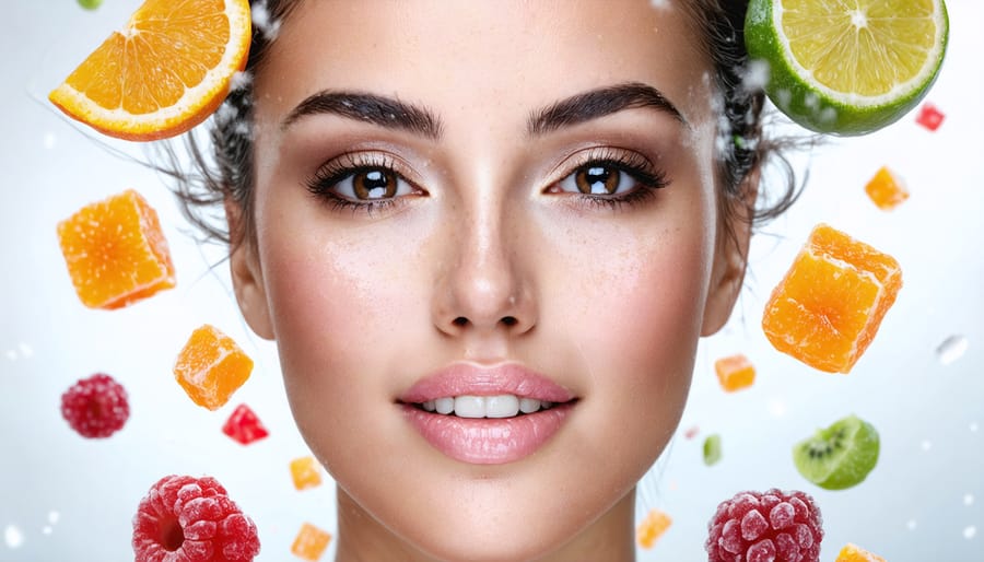 Conceptual illustration of a woman's radiant face with floating freeze-dried candies, representing the fusion of skincare benefits and indulgence.