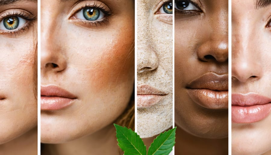 Collage depicting different skin textures and tones to represent the diverse effects of kratom on skin health, with kratom leaves as symbolic elements.