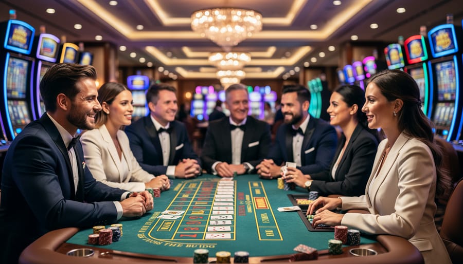 Glamorous woman in evening attire at casino table under bright lighting