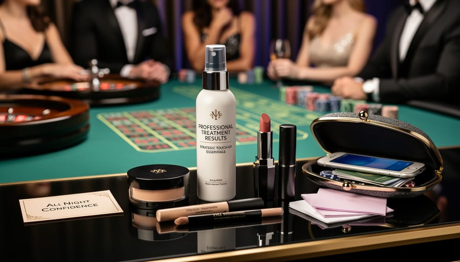 Flat lay of skincare products and beauty touch-up essentials on marble surface