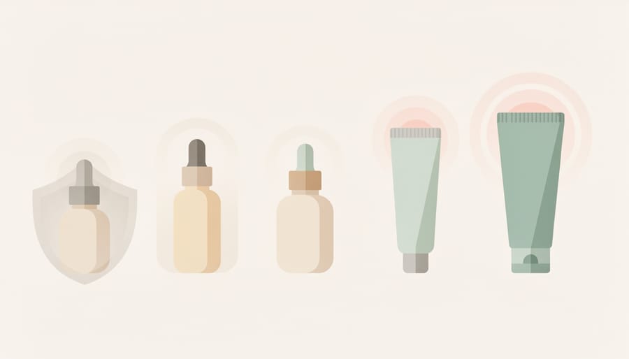 Skincare products on a vanity as a hand applies cream to a cotton pad.