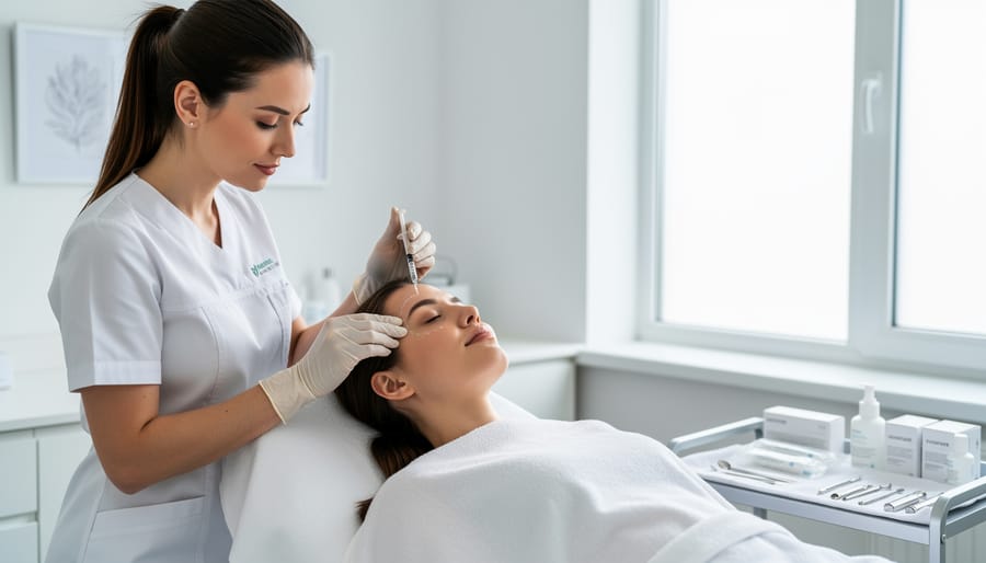 Gloved skincare practitioner’s hands holding a sterile facial treatment tool near a client’s cheek