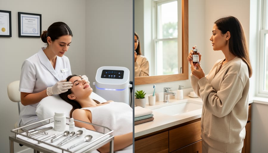 Bright modern scene showing a clinic treatment room doorway and a home vanity with skincare products