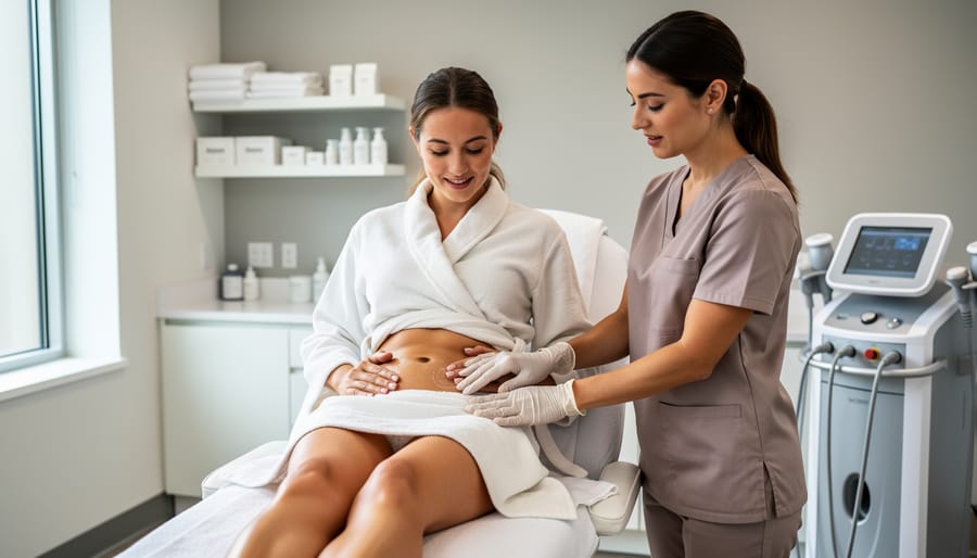 A technician gently touches a client’s skin as part of pre-procedure skincare preparation in a spa.
