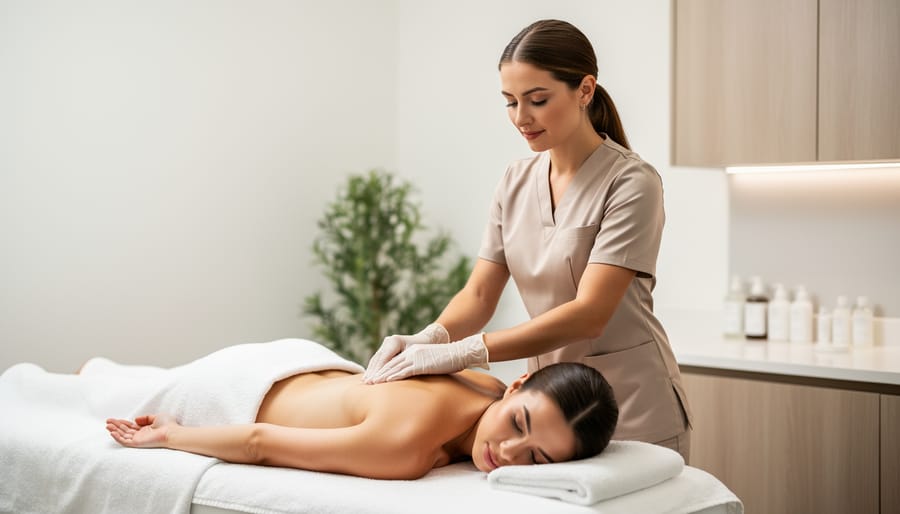 A skincare professional applies moisturizer to a client’s forearm in a medical spa treatment room.