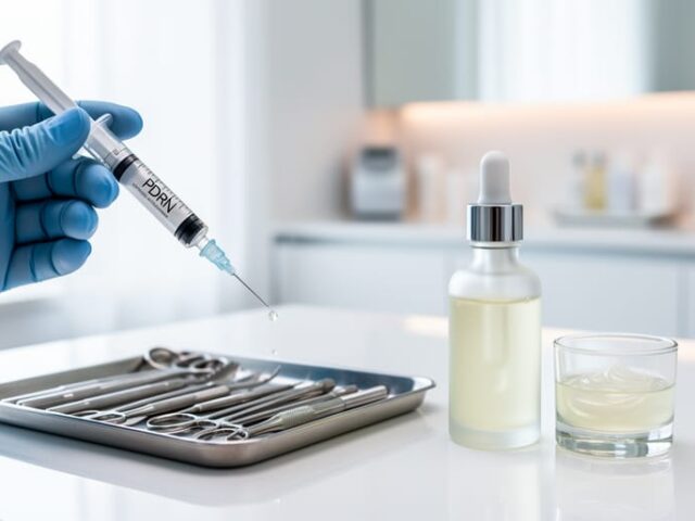 “A clinician’s gloved hand holding a syringe next to a dropper serum bottle on a clean spa counter, representing clinical PDRN treatments versus topical PDRN products.”