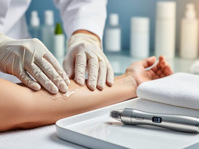 Therapist’s gloved hands applying serum to a client’s arm in a clean spa treatment room next to an RF microneedling device.