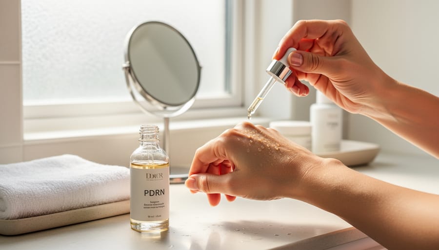 Close-up of a person applying PDRN serum from a dropper onto their hand