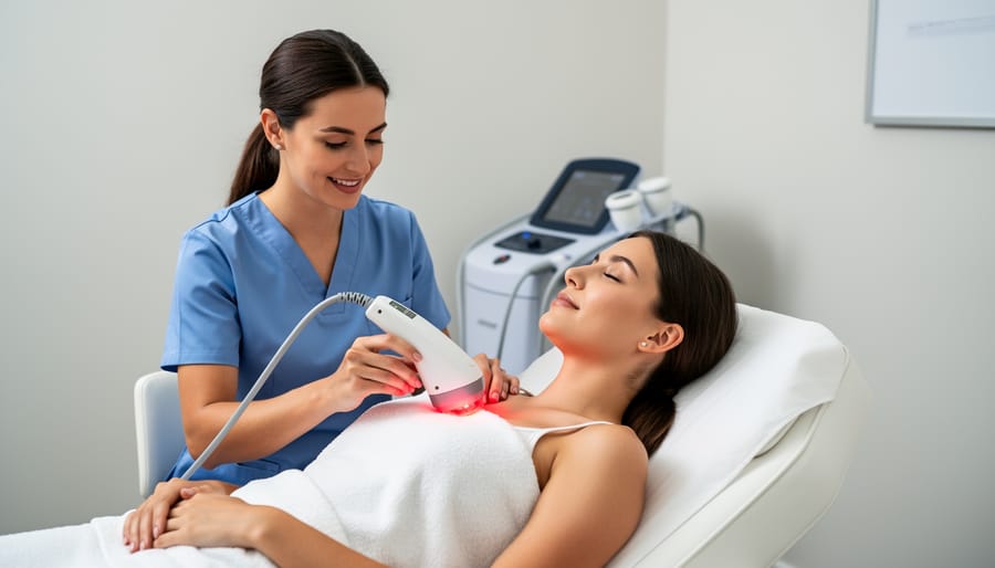 Clinician holding a laser device above the scalp during low-level laser therapy for hair loss