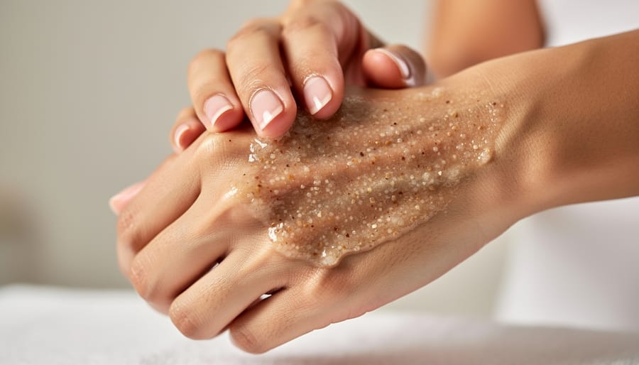 Close-up of a hand applying a creamy exfoliating scrub to the skin using a soft glove
