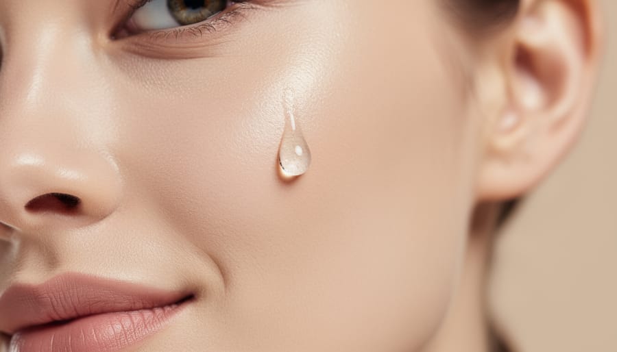 Dropper dispensing translucent serum onto smooth skin with visible droplets