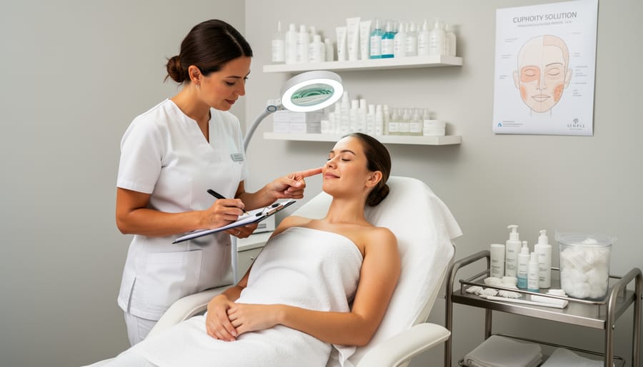 Esthetician preparing tools for a professional facial exfoliation treatment in a clean clinic room