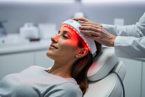 An adult receiving low-level laser therapy in a clinic while a red light applicator targets the scalp.