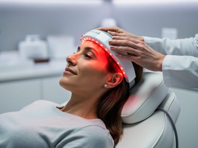An adult receiving low-level laser therapy in a clinic while a red light applicator targets the scalp.