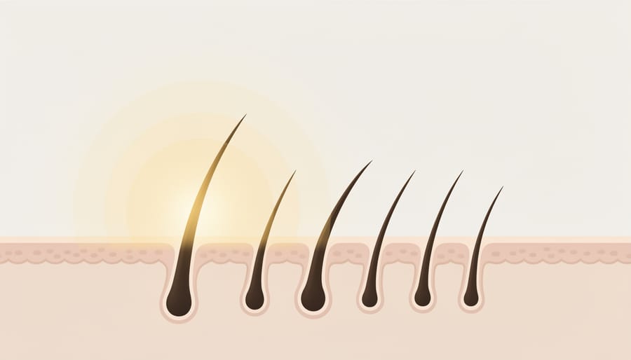 Macro close-up of hair strands on a clean surface with subtle glow highlights representing light therapy
