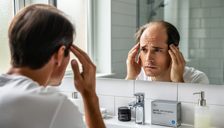 Person adjusting hair in front of a mirror, showing concern and hope about hair thinning