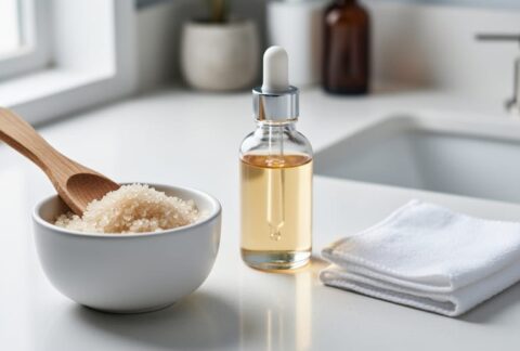 Close-up of a white vanity countertop with a bowl of sugar exfoliating scrub and a glass dropper bottle with cotton pads for chemical exfoliation.