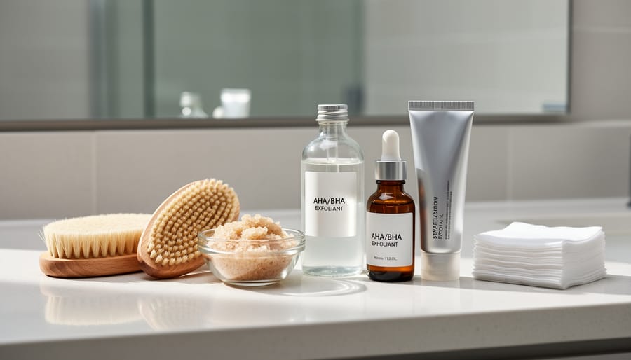 Skincare exfoliation products and tools arranged on a clean white vanity surface