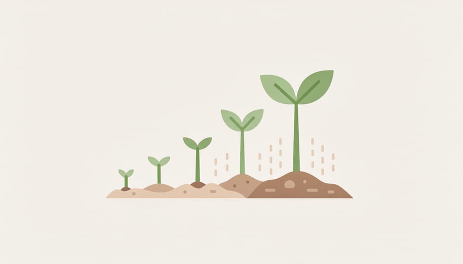 Young seedlings sprouting from healthy soil with visible roots under soft morning light