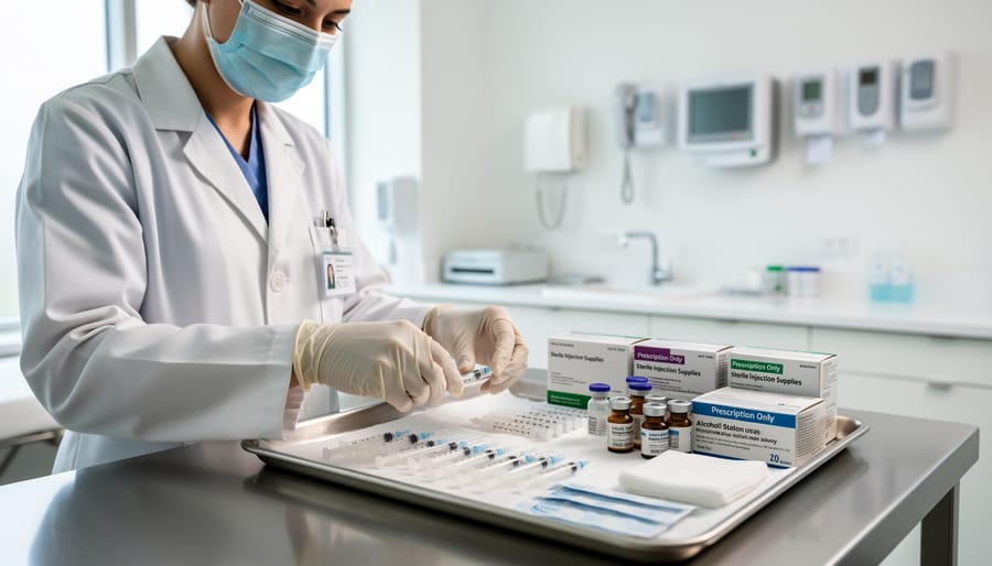 Gloved clinician hands holding a sterile vial and syringe on a clean clinic countertop