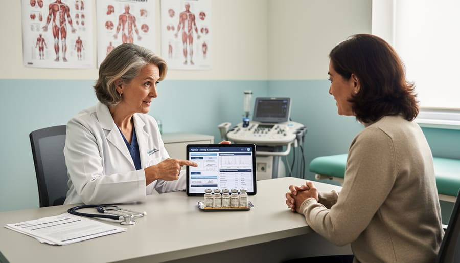 Clinician and patient discussing a medical intake in a modern clinic room