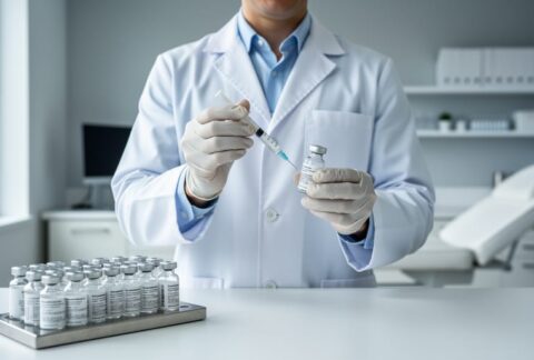 A licensed clinician holding peptide vials and a syringe in a clean medical clinic, with medical-grade supplies in the background.