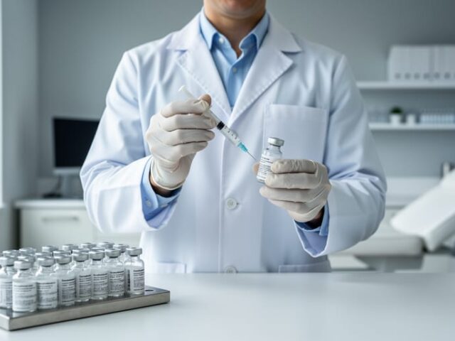 A licensed clinician holding peptide vials and a syringe in a clean medical clinic, with medical-grade supplies in the background.