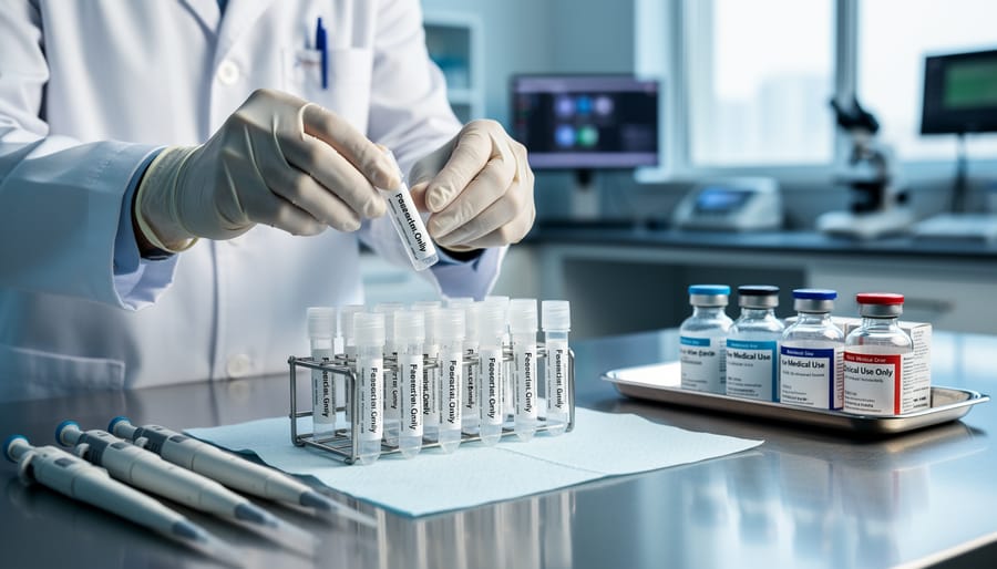 Sterile laboratory workspace with sealed vials and clean packaging on a metal tray