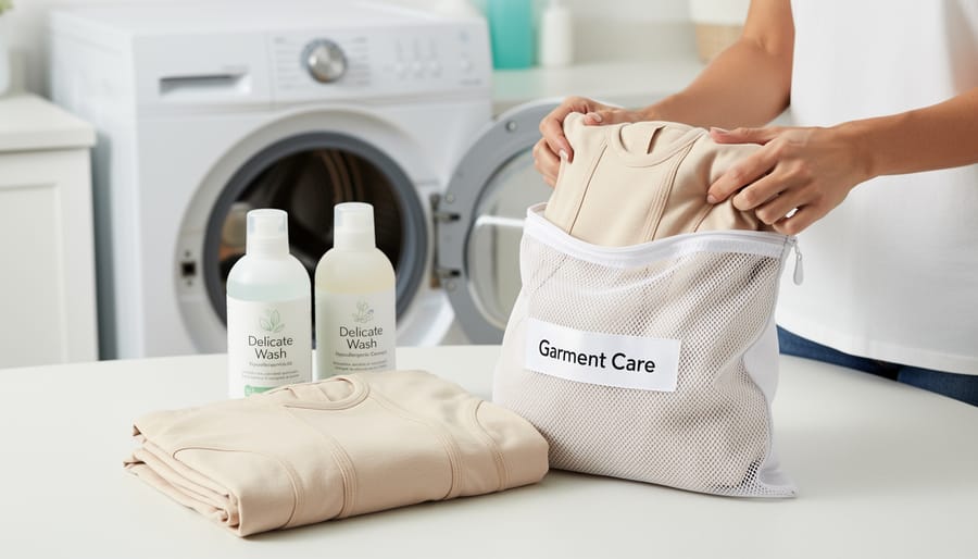 Compression garment laid out with cleaning and care supplies for proper maintenance