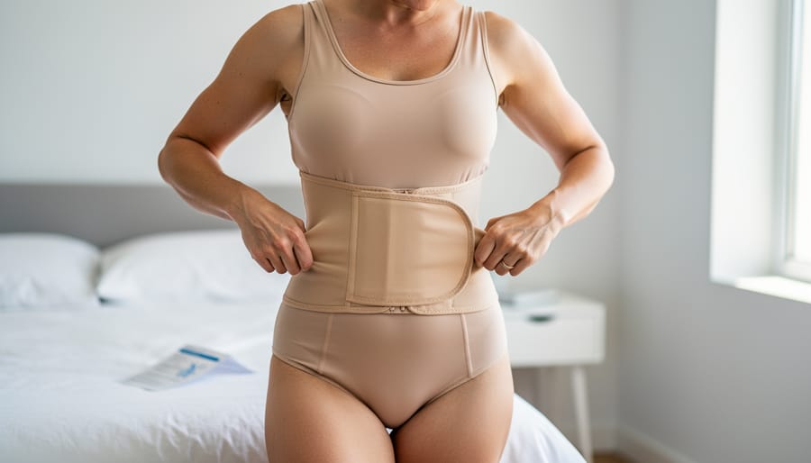Patient adjusting a post-liposuction compression recovery garment while seated in a clean recovery room