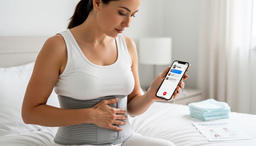 Person in a clinic setting holding a hand over their abdomen while monitoring recovery