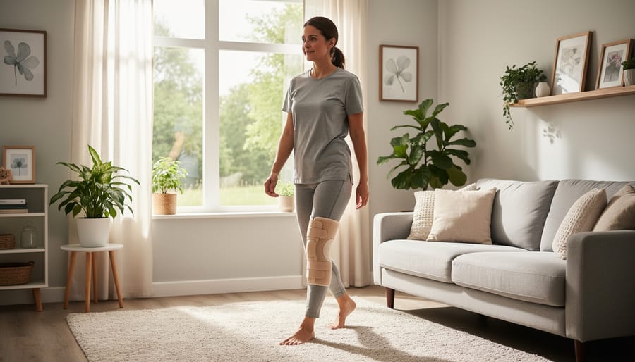 Person wearing a compression garment and taking a gentle walk indoors during liposuction recovery