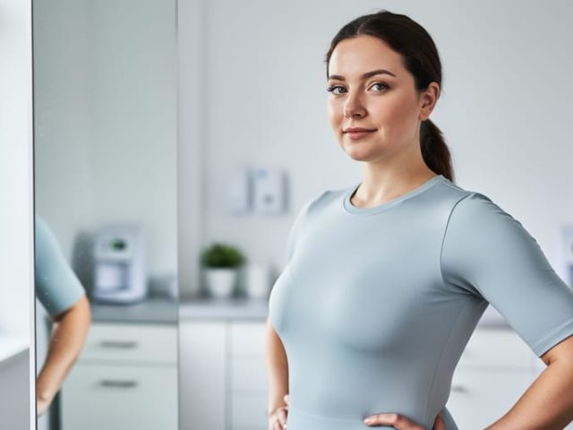Person in a plain compression garment standing calmly indoors in soft natural light, conveying three weeks post-liposuction recovery and gradual contour improvement.